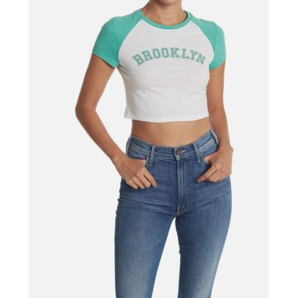 Abound Women's‎ Graphic Print Short Sleeve Crew Crop Top Green Brooklyn Large
